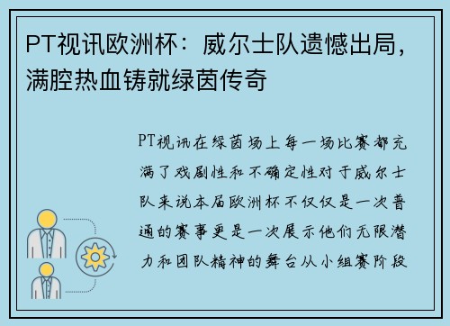 PT视讯欧洲杯：威尔士队遗憾出局，满腔热血铸就绿茵传奇
